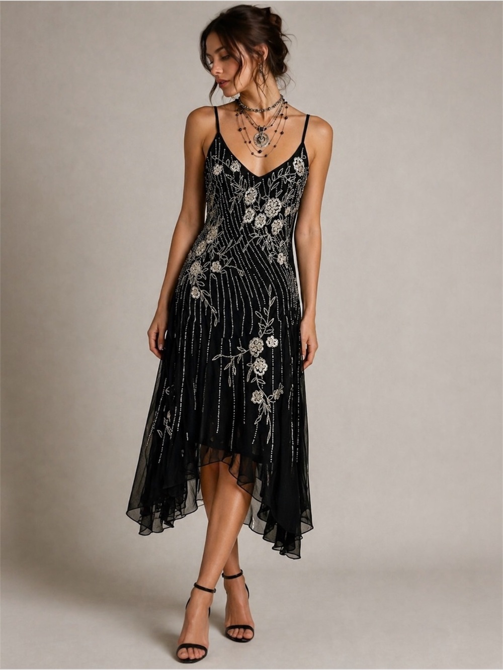 Vintage J Kara Beaded Slip Dress Black Chiffon Floral Sequin Fairy Grunge Size 8